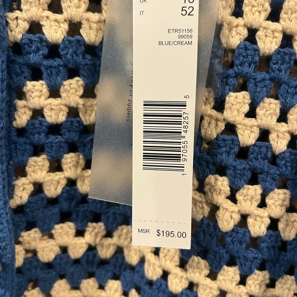 Elie Tahari blue and cream crochet button-down jewel button cardigan. - Picture 5 of 6